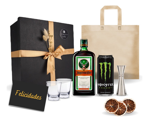 Box Licor Jaggermeister 750 Ml + Shots + Jigger+ Monster
