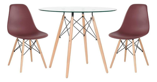 Mesa De Vidro Eames Wood 80 Cm 2 Cadeiras Eiffel Dsw Cores Tampa Marrom