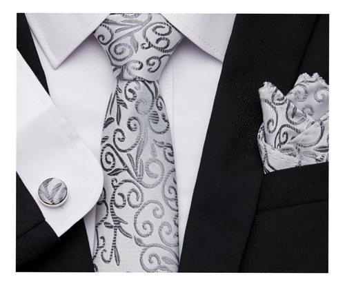 Set Novio Corbata . Pañuelo . Colleras . Color Gris Plateado