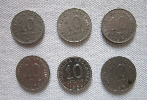 6 Monedas Antiguas Argentina 10 Centavos De 1951 A 1956