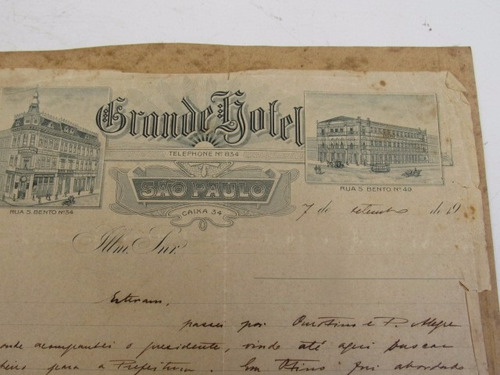 Antiga Carta Manuscrita - Papel Do Grande Hotel São Paulo
