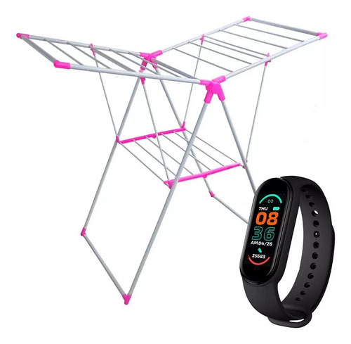 Tendedero Extensible De Ropa 130 Cm Rosado + Smartwatch 