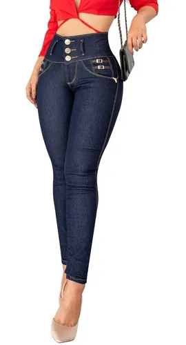 Jeans Calca Feminina Dins Alta Com Lycra Detalhes Fivelas