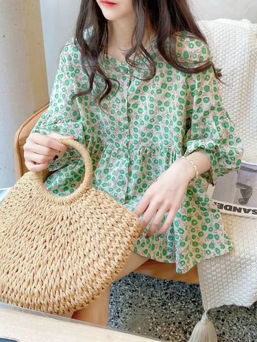 Camisa Holgada Con Cuello Redondo Y Manga De Farol Para Muje
