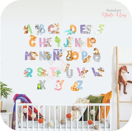 Vinilo Decorativo Infantil Abc Abecedario Animales Acuarela