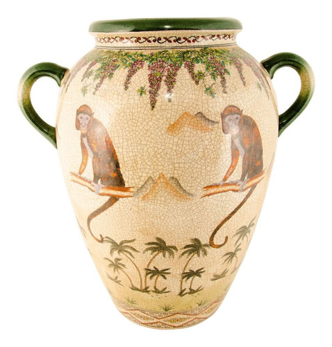 Vaso Em Cerâmica Craquelê Pintura Macacos Coqueiros E Flores