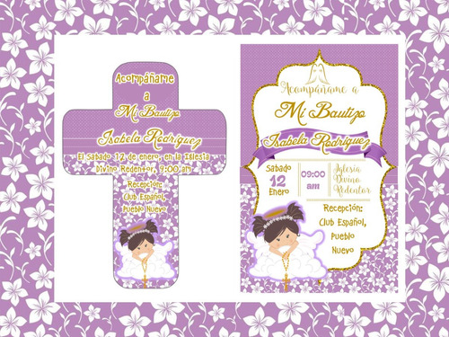 Kit Imprimible Bautizo Lila Y Blanco Niña Personalizado