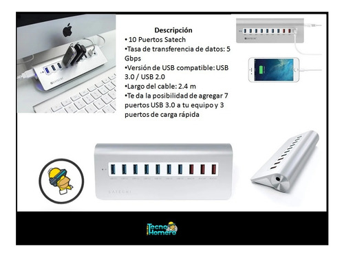 Imagen 2 de 10 de Hub De Aluminio Usb 3.0 / 10 Puertos Satechi Oficial Caba 5g
