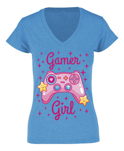 Playera Cuello V Gamer Girl - Video Juegos - Control Rosa