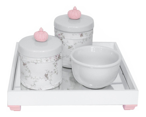 Kit Higiene Bandeja Porcelanas Algodão Passarinho Rosa Bebê Cor Coroa