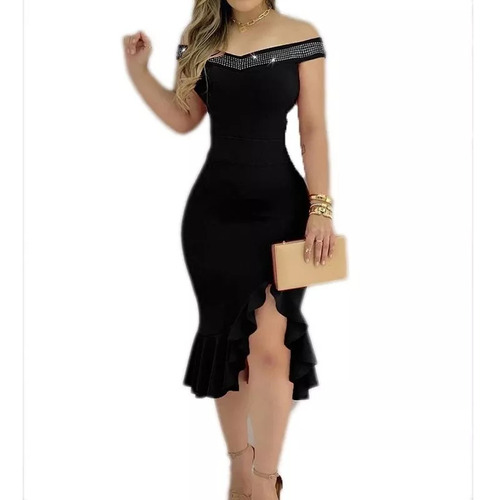 Vestido Fino Sexy De Um Ombro Com Fenda Com Babados