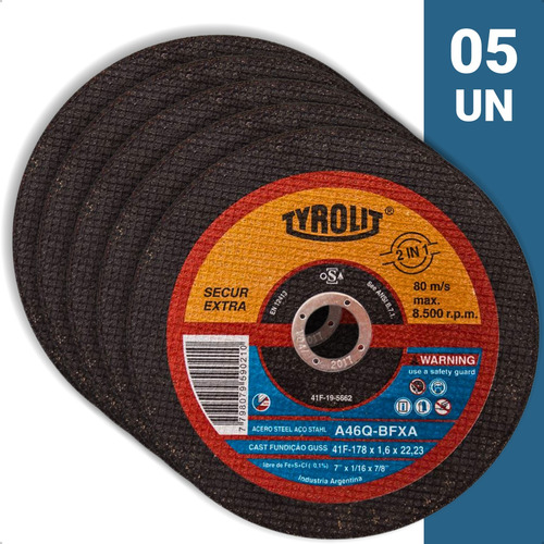 Kit 05 Disco Corte Fino Inox Tyrolit Secur Extra 7x1,6mm