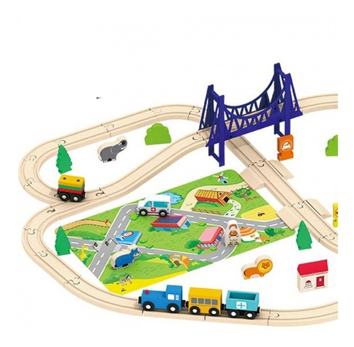 Imagen 2 de 7 de Tren Vias 65 Pzs Pista Puente Y Animales Madera Acool Ac7509