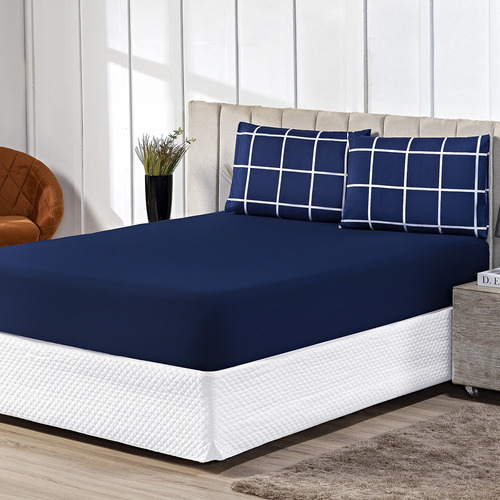 Lençol Com Fronha Estampada Ternura Cama Box Queen 3 Peças Cor Marinho/listras Azul Desenho Do Tecido Estampado