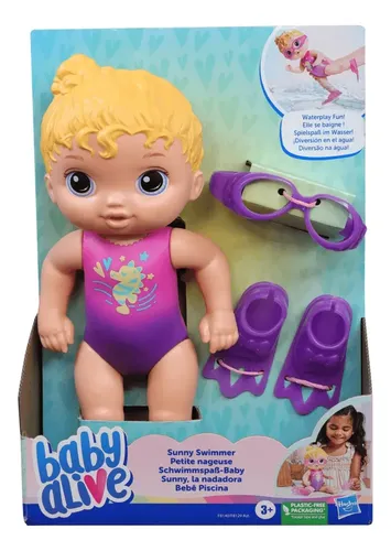 Muñeca Baby Alive Sunny La Nadadora Pelo Rubio Hasbro F8140 Baby Alive  x 1 ĦLa muñeca Sunny está lista para un día de aventuras en el agua! Con su traje de baño de diseño marino, lentes de natación y aletas, los niños pueden imaginar emocionantes escenarios de juego mientras