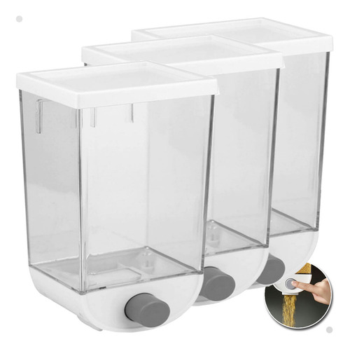 Kit 3 Dispenser Multiuso Com Botão 1l P/ Grãos Cereais Ração Cor Branco