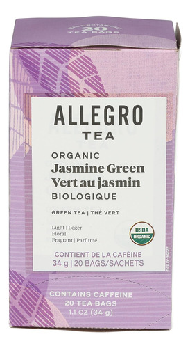 Allegro Tea, Bolsas De Té Verde Jazmín Orgánico, 20 Unidades