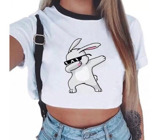 Polera Conejo Estilo Moda Anteojos De Sol Estampado Kawaii