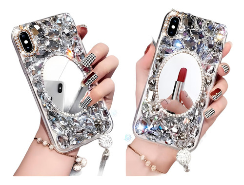 Funda Para iPhone Espejo Colgante Piedras Dama Lujo Diamante