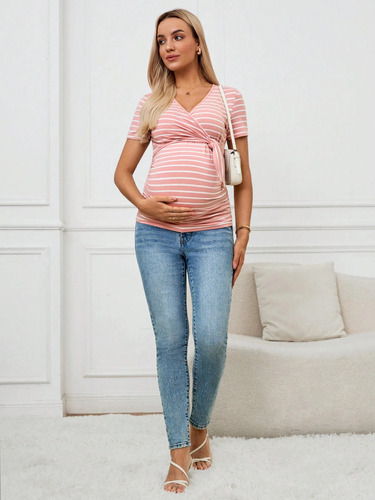 Blusa Camiseta De Maternidad Y Lactancia Rosa Rayas Algodón