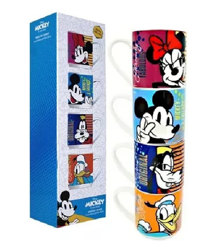 Juego De 4 Tazas Apilables Mickey & Friends Porcelana 330ml