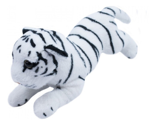 Tigre Branco Filhote Deitado Realista 25cm - Pelúcia Cor Preto com Branco