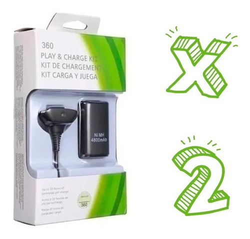 2 Kit Carga Y Juega Xbox 360 Batería 4800 Mah Cable Cargador