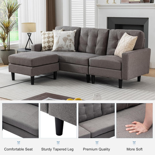 Vecelo Sofá Convertible Modular De Tela De Lino Moderno En F