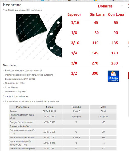 Neopreno En Laminas De 1/16 , 1/8 , 3/16 , 1/4 , 3/8 Y 1/2