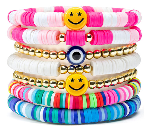 Conjunto De 7 Pulseras Coloridas Con Cuentas Y Discos Boho E