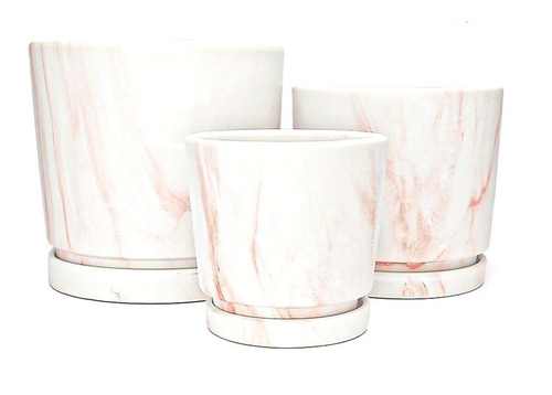 Set De Tres Mini Maceteros Blancos Marmolado Rosado