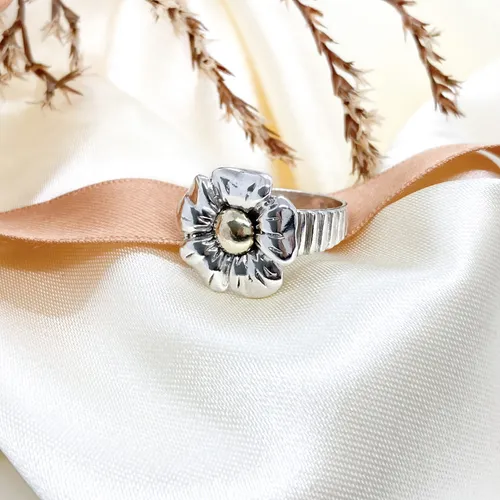 Anillo Flor Pampa Plata Y Oro T17