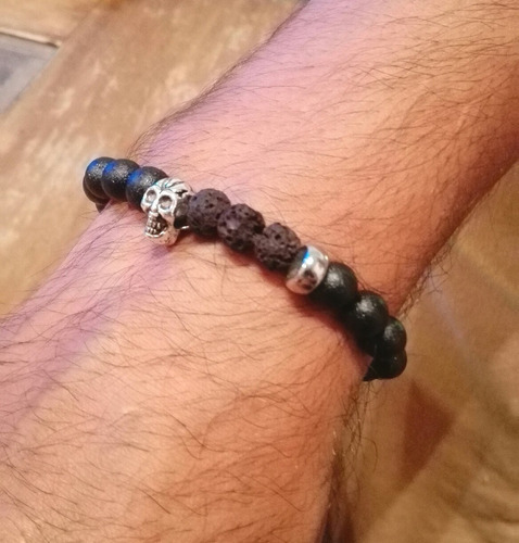 Pulsera Calavera Cuentas Vidrio Y Piedra Volcánica