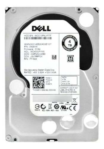 Hd Sata Dell 4tb 7.2k 3.5 0n36yx N36yx Wd4000fyyx-18rs1b0 Cor Prateado