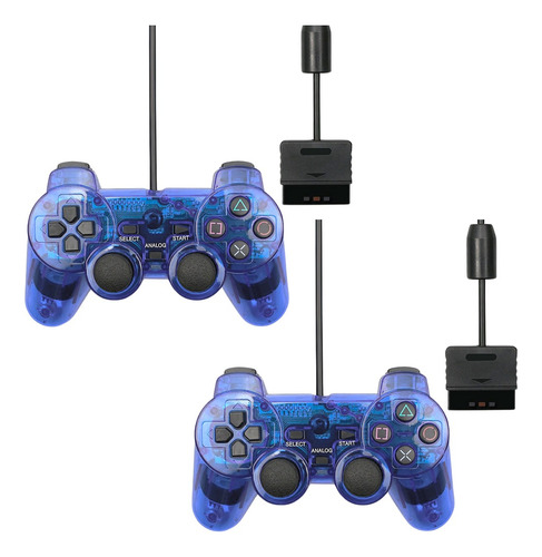 Kit 2 Controle Com Fio Compatível Com Ps1 Ps2 Plug And Play Azul