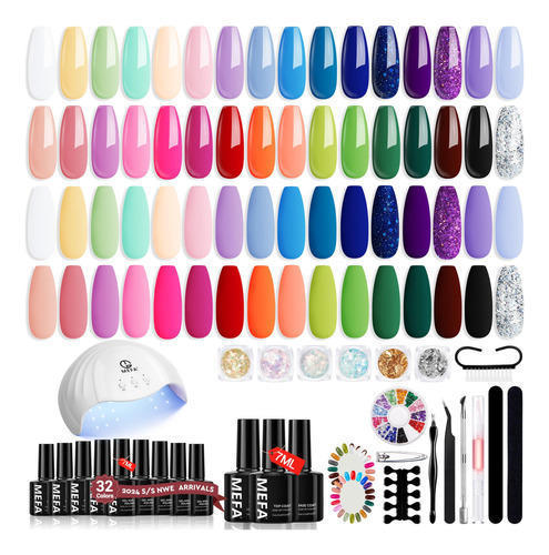 Mefa Kit De Esmalte De Unas De Gel De 32 Colores Con Luz Uv,