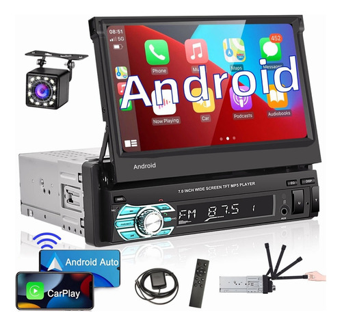 Autoestereo Pantalla Retractil 1din Android + Carplay Camara