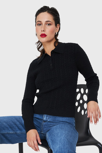 Sweater Cuello Camisero Cadenetas Negro Nicopoly