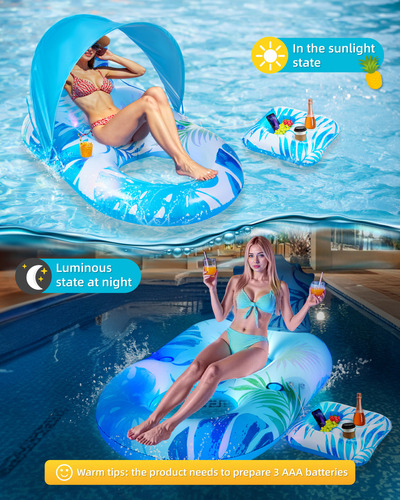Lictin Tumbona De Piscina Con Dosel Upf50+,con Luz Led, Tumbona Inflable, Flotador Grande Para Broncearse Para Adultos Y Niños, Juguetes De Natación Con Portavasos,respaldo Y Reposapiés