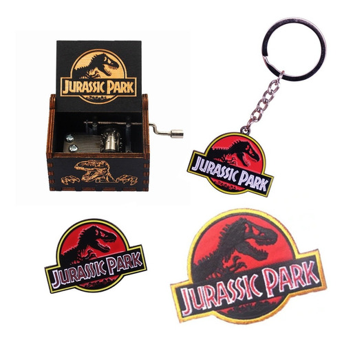 Pack Jurassic Park (parche, Pin, Llavero, Caja Musical)