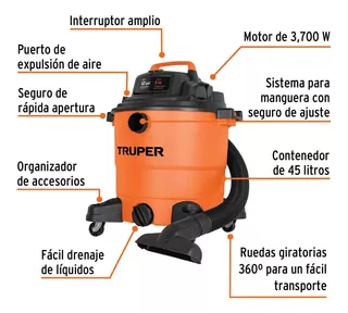 Aspiradora De Sólidos Y Líquidos De 12 Gal, Plástica Truper ASP-12