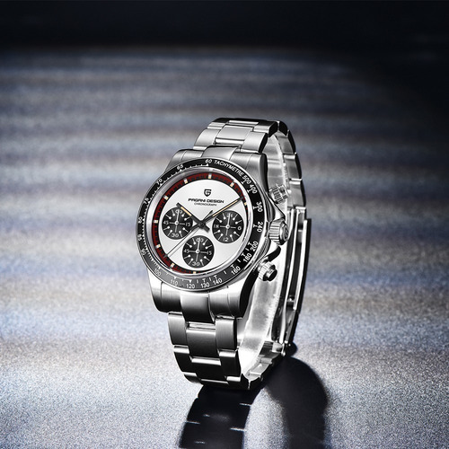 Reloj D/cuarzo Pagani Design Deportivo C/cronógrafo P/hombre Correa Plateado Bisel Plateado Fondo Negro
