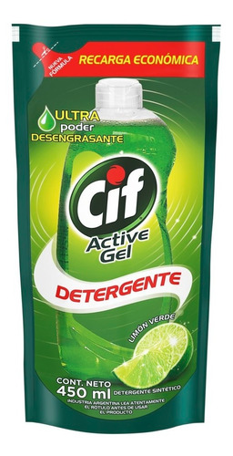 Imagen 1 de 4 de Detergente Cif Concentrado Active Gel Limon Verde Dp X 450ml