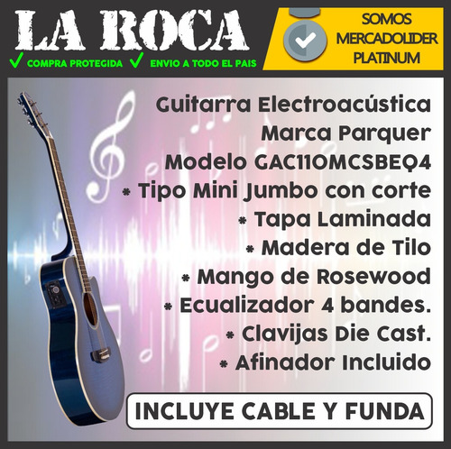 Imagen 5 de 10 de Guitarra Electroacustica Parquer Gac209 Tbbleq4 Con Afinador
