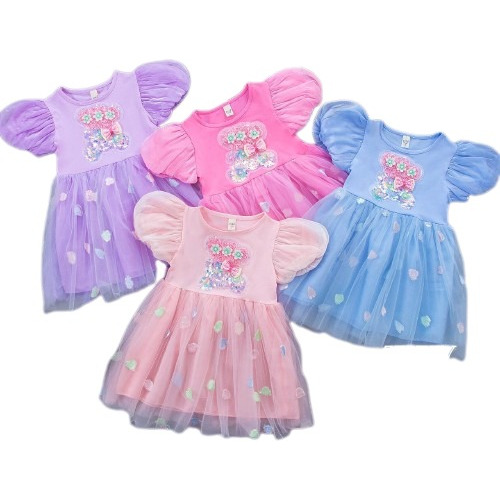 Vestido Verano Para Niña Tul Con Flores Osito Ah-295 Ah-294