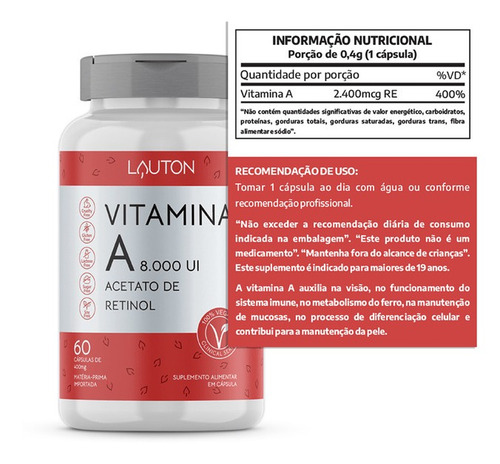 Imagem 2 de 2 de Vitamina A 8.000 Ui - 60 Cápsulas - Lauton Nutrition (2 Un)