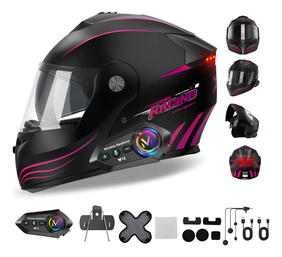 Casco Motocicleta Abatible Mujer Con Bluetooth + Certificado Dot + Luz, SUZWIP Cascos Para Moto Con Doble Visera, Casco Integral Para Hombres Y Mujeres, Tamaño Del Casco XL