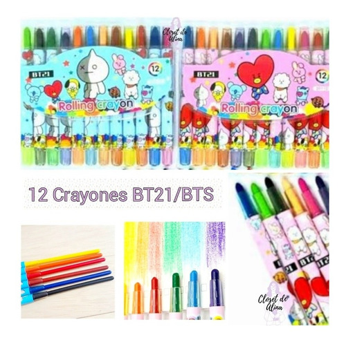 12 Crayones Retractil Cera Bt21-bts Colores Papelería Kawaii