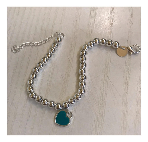 Imagen 6 de 7 de Pulsera Mujer Plata Corazón Azul Esmaltado Bolitas Plata