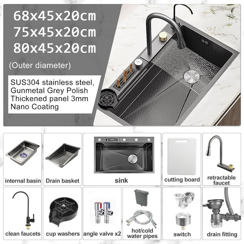 Vasoyo Fregadero De Cocina De Lujo Acero Inoxidable Nano Cascada Fregadero De Cocina Acero Con Led Temperatura Displa fregadero De Piano De Sirena 75x46